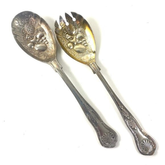 Vintage SilverPlated Salad Serving Set Floral Design Sheffield England and Roger - Picture 1 of 5